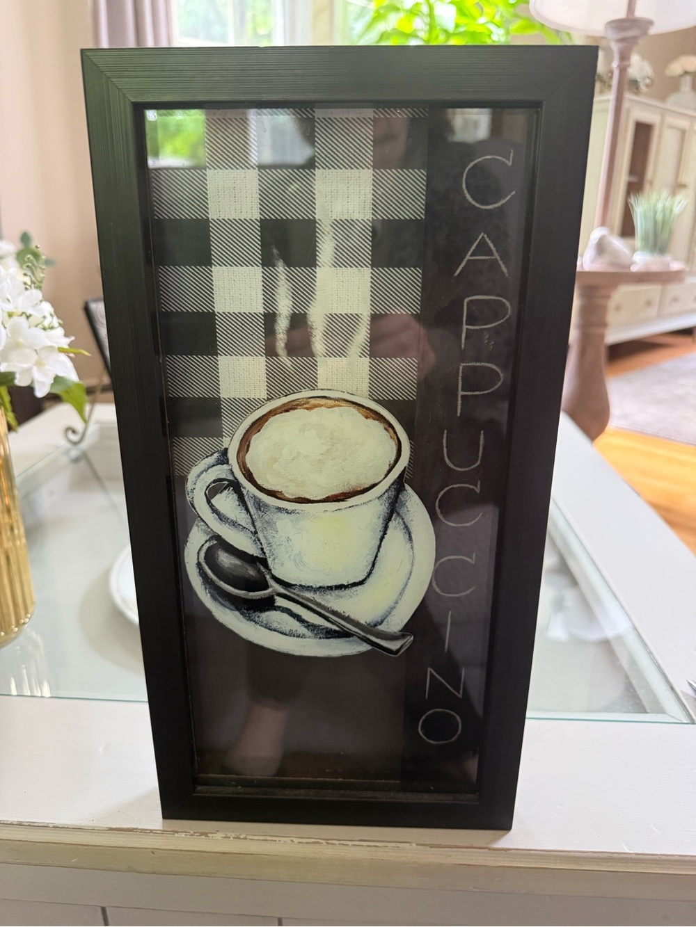 Framed Cappuccino Wall Art - Black Frame, Black & White Plaid